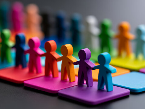 Diverse business teams collaboration concept shown by colorful human figures standing together on square platforms symbolizing teamwork unity and inclusion in modern workplace