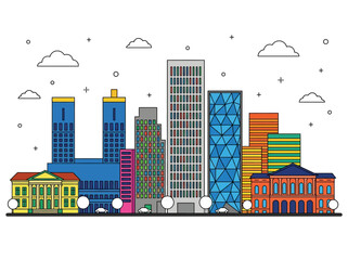 Obraz premium Modern City Skyline Flat Line Vector Illustration with Skyscrapers