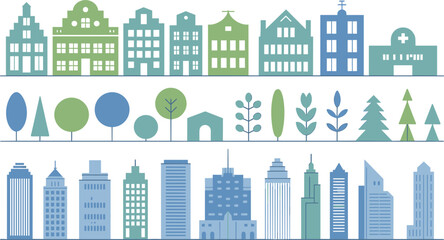 Old European town houses and modern city skyscrapers vector illustration set with flat teal blue buildings and decorative green trees isolated on white background © Josna
