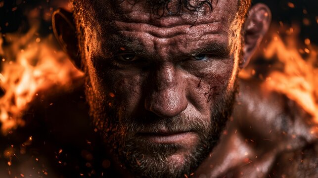 Intense male fighter with scars and beard surrounded by flames and embers
