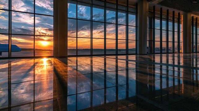 Spacious terminal with large windows reflecting a dramatic sunset and tarmac