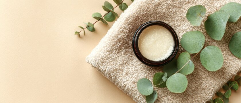 Natural facial scrub in dark glass jar with eucalyptus sprig on cotton fabric cosmetic skincare eucalyptus wellness minimalist aesthetic pampering treatment aromatherapy botanical serenity