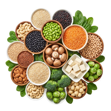 Healthy Plant-Based Protein Sources: Superfoods Arranged in Circle