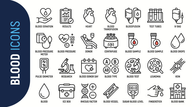 Comprehensive collection of blood donation and laboratory icons for medical design, healthcare projects, and educational materials