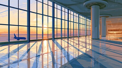 Fototapeta premium Vast airport terminal with large windows reflecting a golden sunrise and a distant plane
