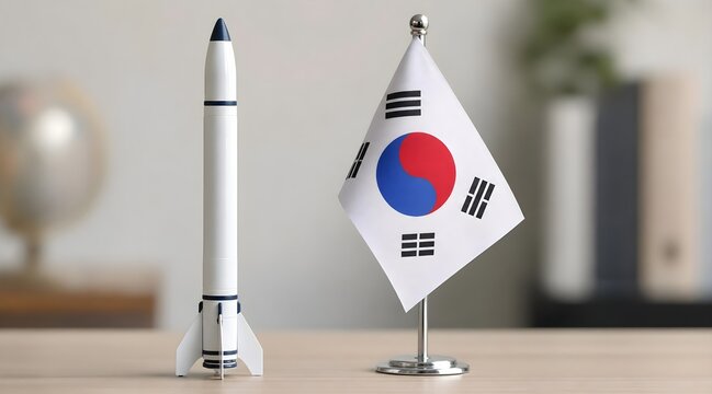 South Korean Space Rocket Model with National Flag on Desk in Modern Office, Space Exploration Concept
