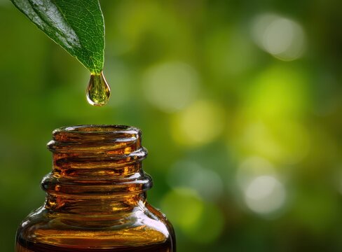 Essential oil drop falling from a fresh green leaf into a brown apothecary glass bottle for organic wellness with wellness essential skincare cosmetic aromatherapy botanical medicine treatment