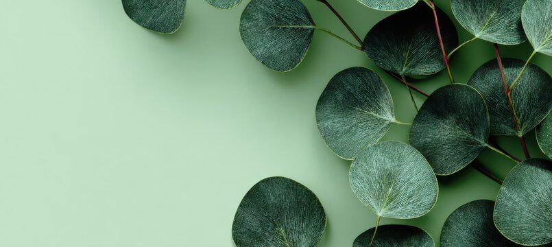 Fresh eucalyptus leaves sprig on soft green background with eucalyptus botanical background backdrop environment medicinal aromatic wellness decoration ornament freshness composition