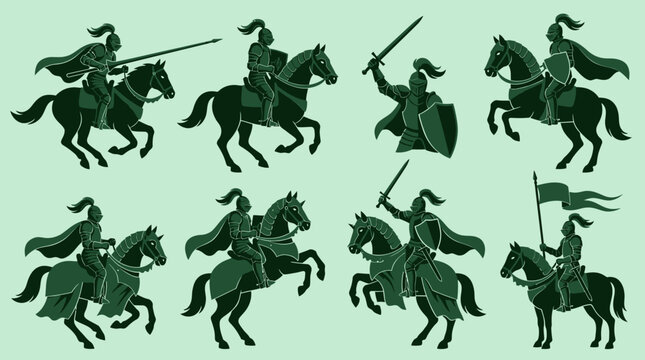 Set of medieval knight icons on horseback with weapons