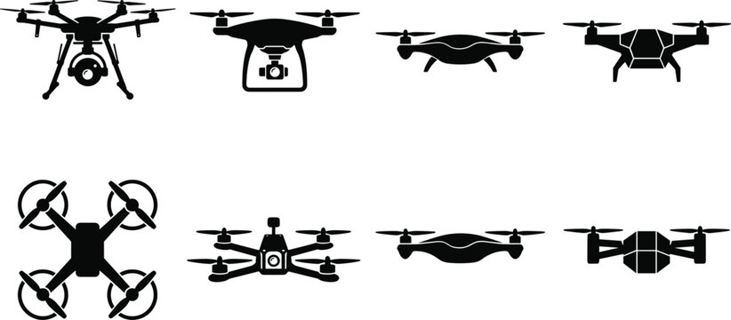 Set of black drone silhouettes featuring quadcopters with cameras from front top and side view vector illustration