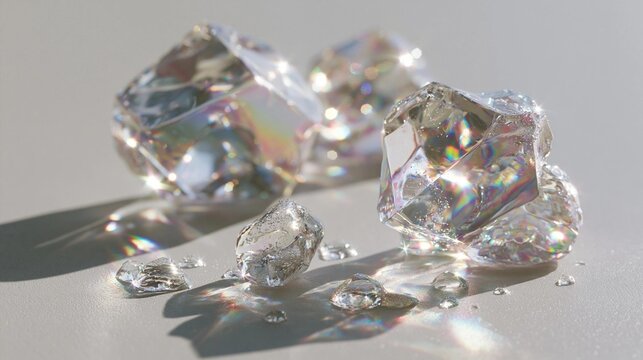 Three large, faceted diamonds on a white surface. the diamonds are of different sizes and shapes, with the largest one in the center and two smaller ones on either side.