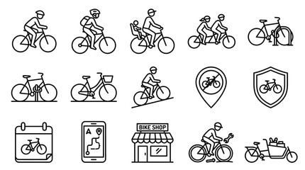 Naklejka premium Collection of bicycle icons featuring rider silhouettes, road and mountain bikes, map pin, safety shield, and storefront - clean vector illustrations for cycling apps, websites and branding