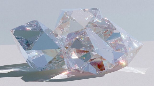 Group of three large, faceted diamonds on a white surface. the diamonds are arranged in a triangular formation, with the largest diamond in the center and two smaller diamonds on either side.