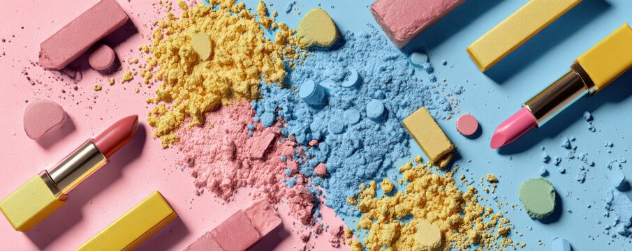 Beauty concept with lipstick and crushed eyeshadow powder arranged on geometric color background lipstick eyeshadow cosmetics colorful geometric aesthetic creative contrast saturation