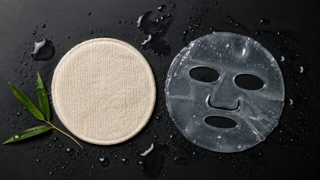 Dry round bamboo fiber facial pad beside wet sheet mask on dark background with water droplet scattered around both skincare product