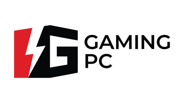 Minimalist vector graphic illustration of a modern gaming pc logo featuring bold red and black colors