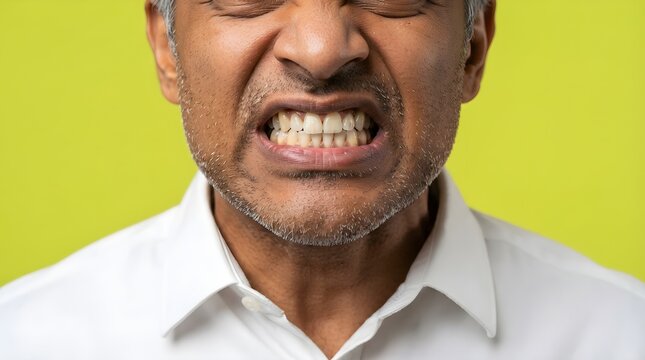 Middle aged man clenching teeth in intense frustration while wearing a crisp white shirt against a bright lime green background