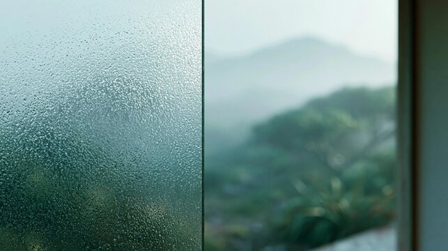 Close-up of a window with raindrops on it. the window is on the left side of the image and the right side is in focus. the raindrops are scattered across the glass, creating a textured pattern.