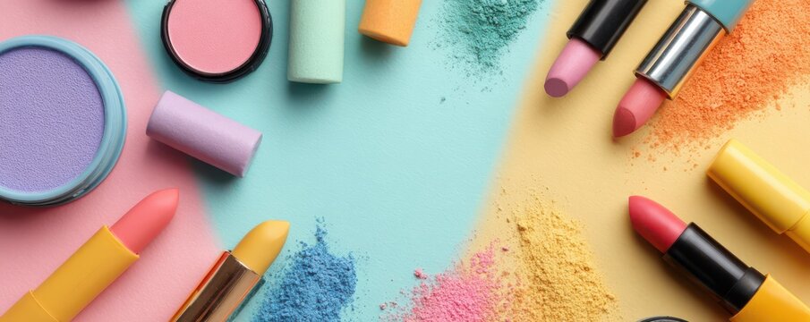 Colorful makeup collection with lipstick and loose pigment powders cosmetics lipstick colorful eyeshadow cosmetic professional aesthetic application creative pigmented background accessory