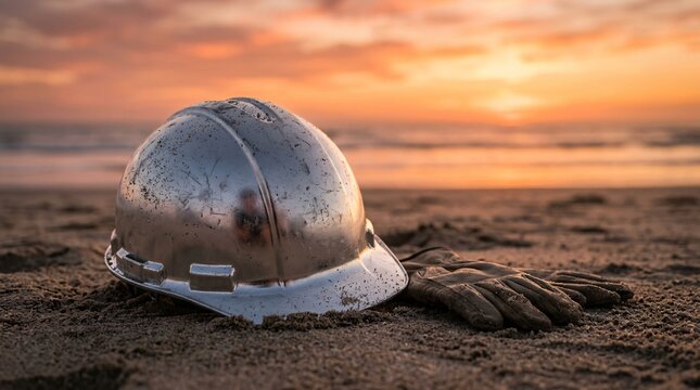 Construction safety gear shows a reflective metallic silver hard hat half buried in textured beach sand against a beautiful ocean sunset.