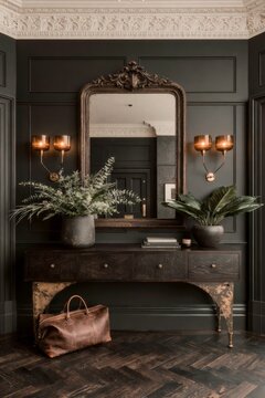 Dark academia entryway featuring deep forest green walls, ornate mirror, vintage console table, and decorative plants in stylish interior design setting