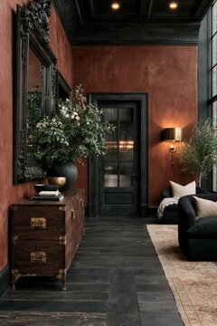 Dark academia hallway featuring bordeaux painted walls, black wooden accents, a vintage mirror, and stylish furniture, creating an elegant and sophisticated interior design