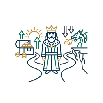 King standing on a path with treasure and dragon symbols.