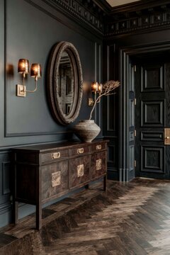 Dark academia hallway featuring deep navy walls, ornate mirror, elegant sconces, and a wooden console table with decorative vase and branch accent
