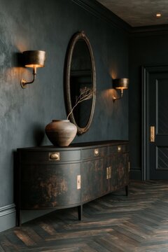 Dark academia hallway featuring deep navy walls, a vintage wooden sideboard, decorative vase, and wall sconces, creating an elegant and sophisticated interior design