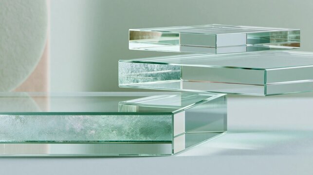 Stack of three square-shaped glass boxes on a white surface. the boxes are arranged in a way that they are stacked on top of each other, with the top box slightly higher than the bottom one.