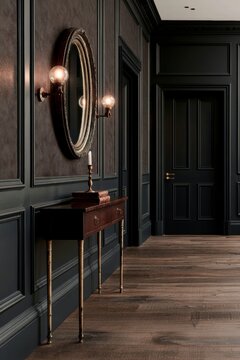 Dark academia hallway featuring deep forest green walls, a vintage mirror, elegant sconces, and a wooden console table with a candle, creating a sophisticated interior design