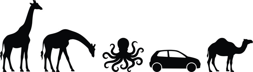 Set of diverse black icons featuring standing and bending giraffes octopus compact car and camel isolated on white background © RAFIQUL