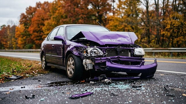 Devastating crash scene shows the mangled front end of a vibrant metallic purple wrecked sedan surrounded by shattered glass on asphalt.