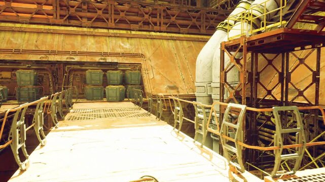 Inspection hatch and service access on industrial deck, closeup of cover, seal and fasteners with surrounding pipes and conduit, tactile textures of corroded
