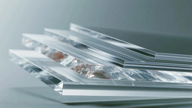 Close-up of a stack of transparent plastic sheets. the sheets are arranged in a horizontal line, with the top sheet slightly overlapping the bottom sheet.