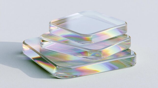 3d rendering of a stack of three square-shaped objects. the objects are made of transparent glass and have a rainbow-colored iridescent finish.