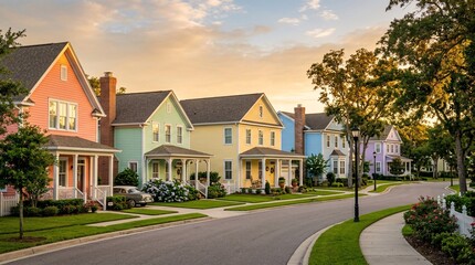 Obraz premium Golden hour sunlight bathes a peaceful suburban neighborhood street featuring charming traditional houses painted in vibrant pastel colors.
