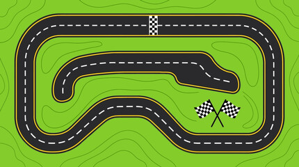 Fototapeta premium Aerial Top View Vector Illustration of a Winding Race Track with Checkered Flags