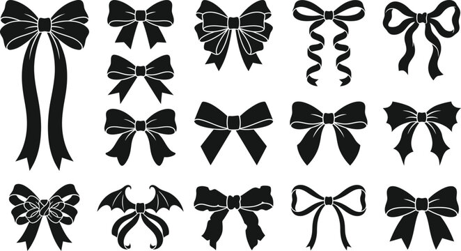 Halloween vector bundle black bows ribbons and bat silhouettes for spooky designs crafts