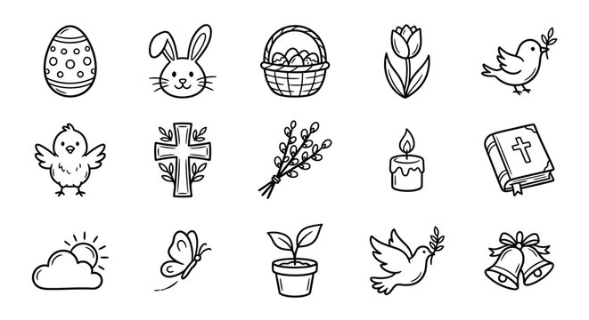 Easter religious spring icons set.