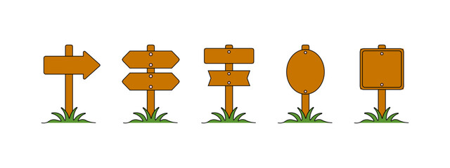 Wooden signpost illustration collection featuring arrow signs, rectangular, oval, square boards, outdoor directional design © Akter