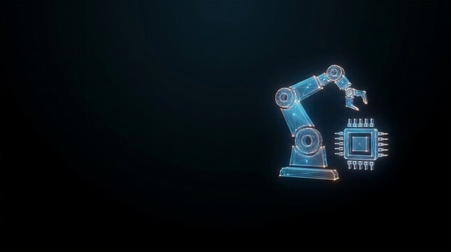 Polygonal glowing wireframe robotic arm interacting with microchip in dark cyberspace environment.