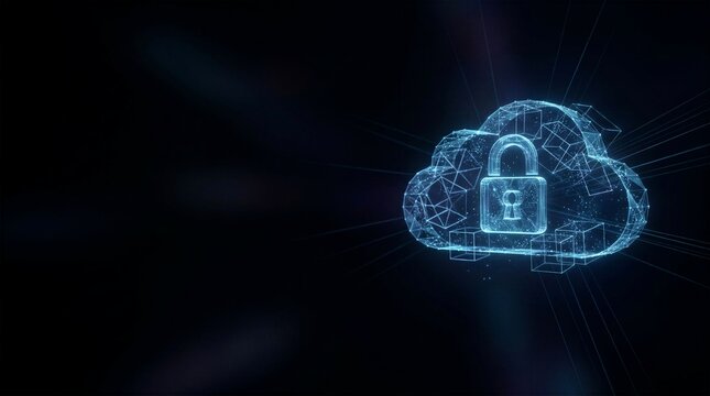 Glowing wireframe cloud computing symbol with padlock representing digital data security and privacy.