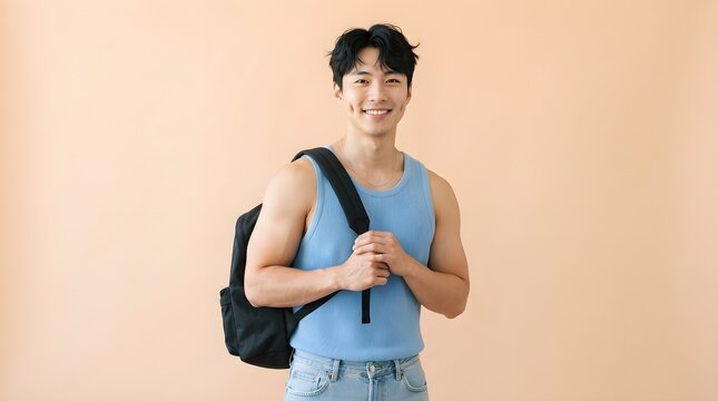 Happy young asian man wearing a blue tank top and carrying a black backpack standing against a soft beige background
