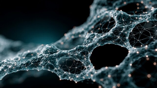Abstract microscopic view of glowing molecular network structure for biotechnology and medical research.