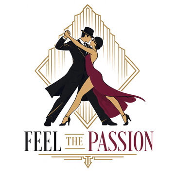 Elegant couple dancing tango passionately. Stylish man and woman in dramatic red and black pose. Romantic ballroom performance with fiery emotion.