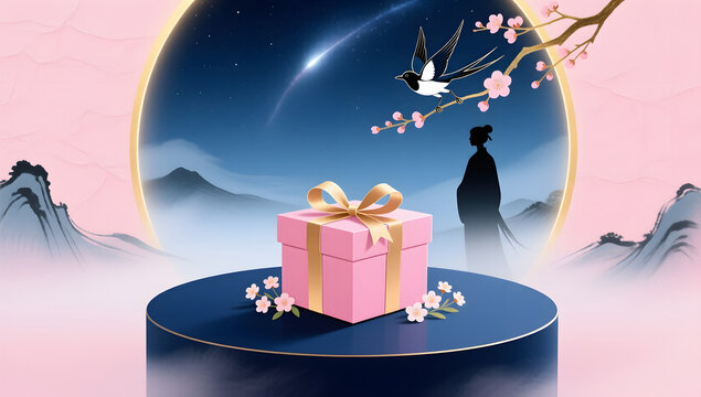 pink gift with ribbon on blue platform qixi romantic festival illustration background