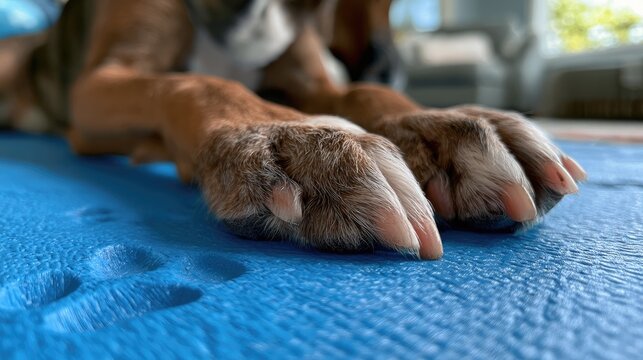 Close-up of dog paws resting on a textured blue surface