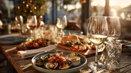 Fototapeta premium A lifestyle seafood dinner composition with shared Mediterranean plates, candles, wine, and warm evening light creating a cozy atmosphere