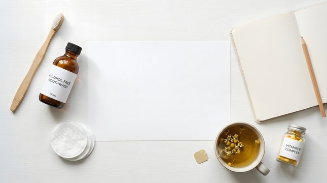 Flat lay of natural oral care items and stomatitis remedies